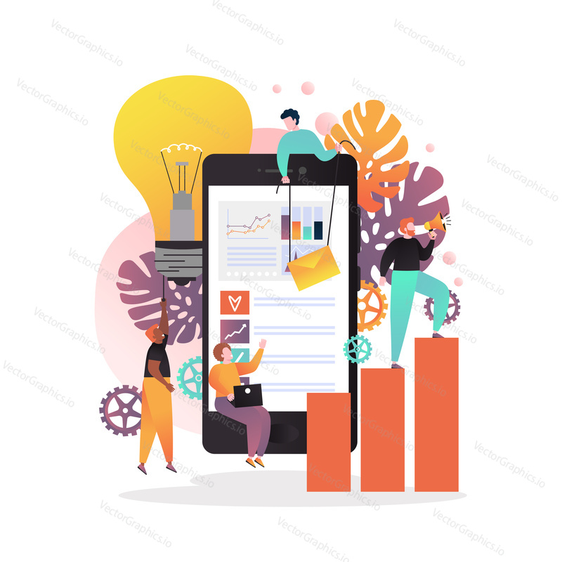 Vector illustration of big mobile phone with statistical dashboard on screen, light bulb and people shouting through megaphone, texting messages. Using mobile website, mobile app for business concept.