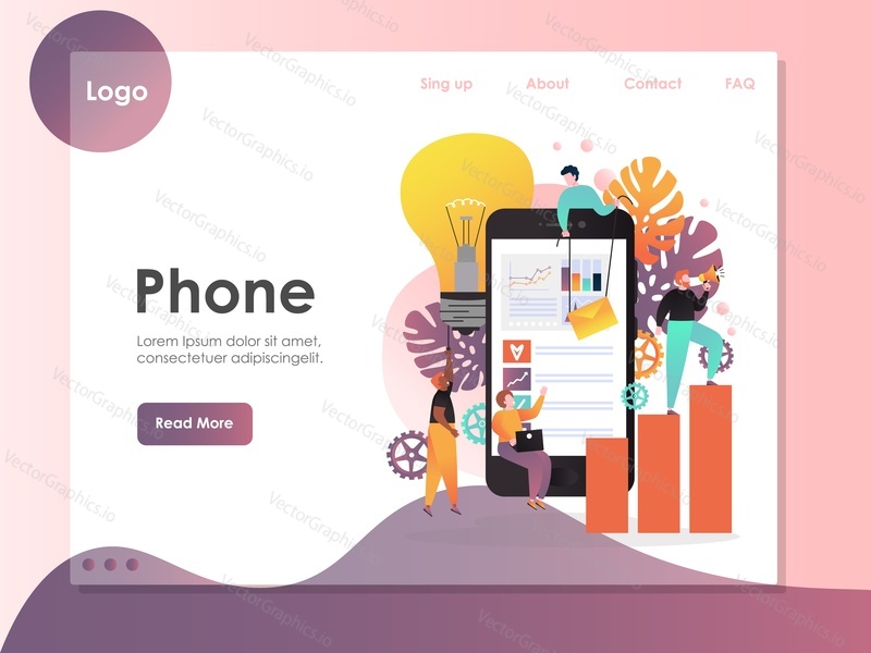 Mobile phone vector website template, web page and landing page design for website and mobile site development. Characters using different applications for communication, data analysis, feedback etc.