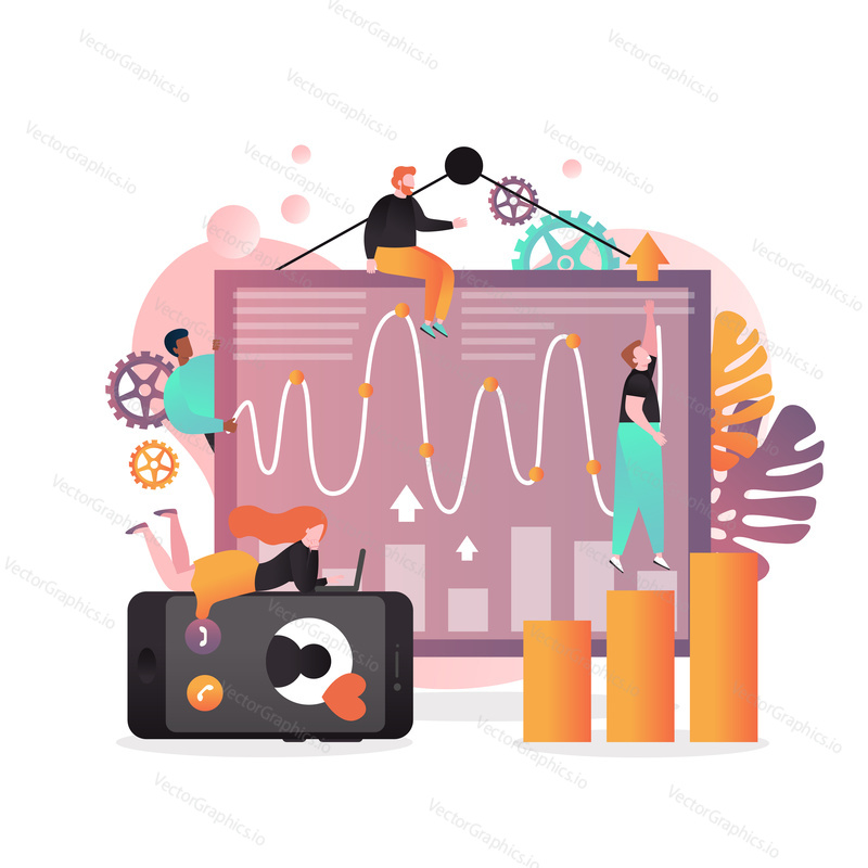 Vector illustration of analysts interacting with dashboard, analysing statistical data to make strategic business decisions. Business or data analysis services concept for web banner website page etc.