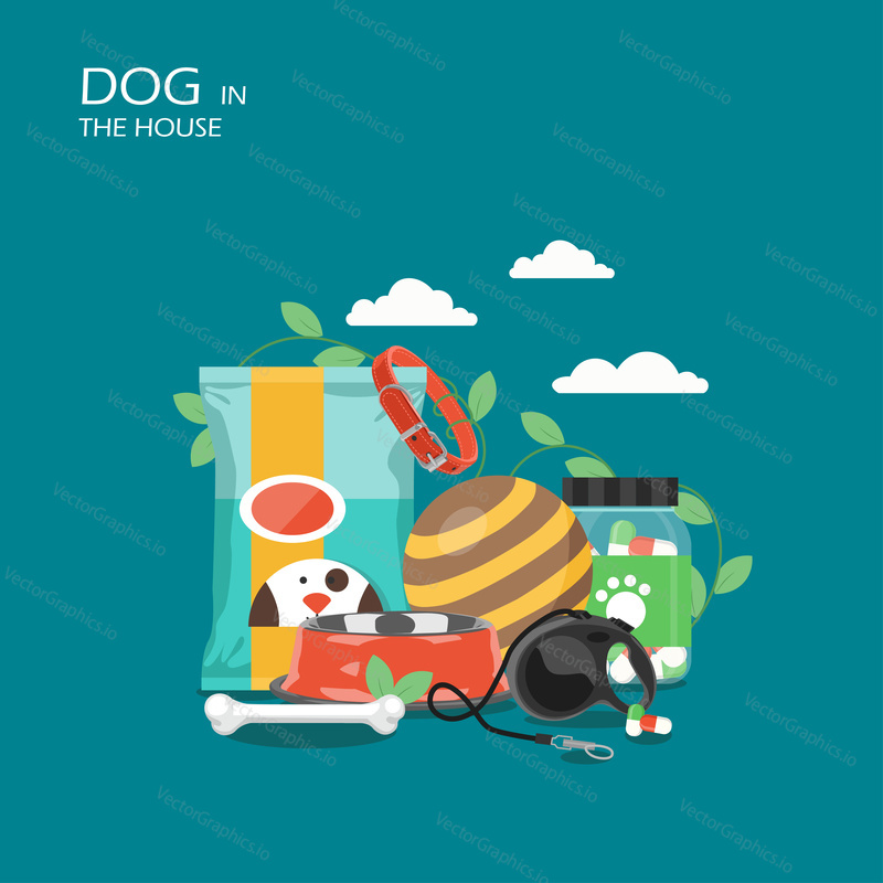 Dog in the house vector flat style design illustration. Collar, bowl, food, leash, bone, ball, medication. Dog stuff composition for web banner, website page etc.