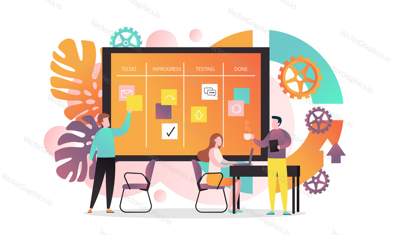 Vector illustration of creative team developing software using agile kanban methodology with cards they move on board from start to finish the process. Agile concept for web banner, website page etc.