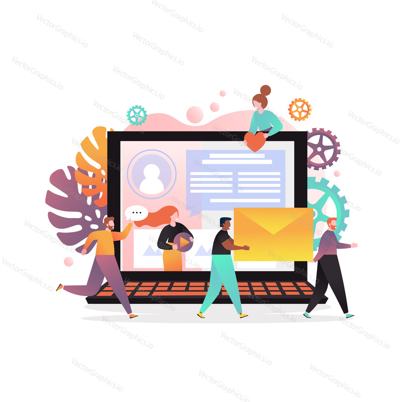 Vector illustration of big laptop and characters with speech bubble, envelope, heart. People chatting, giving likes etc. using social media sites. Social networks concept for web banner, website page.