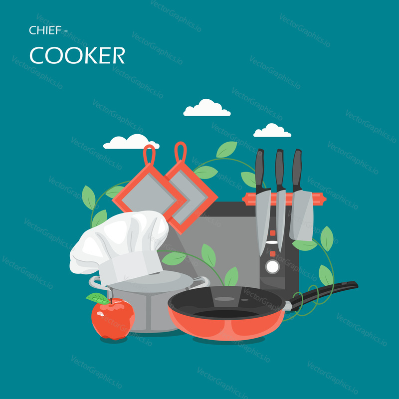 Chief-cooker vector flat style design illustration. Chef hat, frying pan, pot, kitchen knives, oven and potholders. Cookware concept for web banner, website page etc.