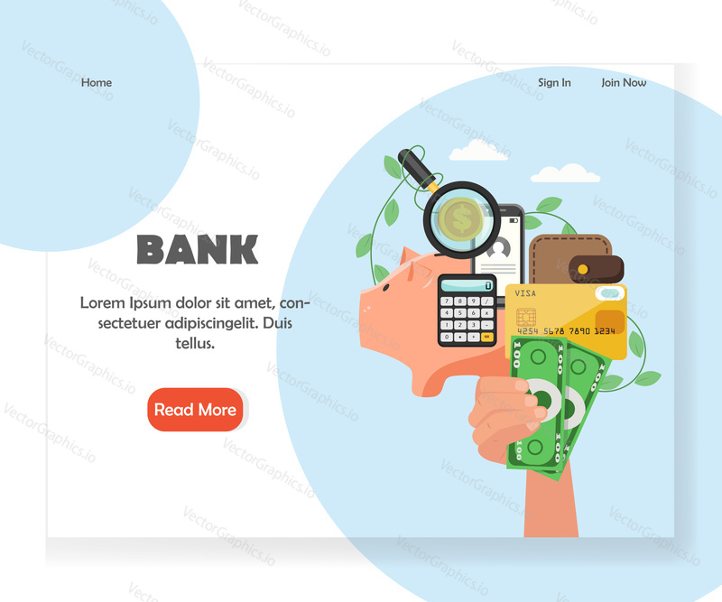 Bank vector website template, web page and landing page design for website and mobile site development. Hand holding money, credit card, piggy bank, wallet, calculator, etc. Reliable savings concept.