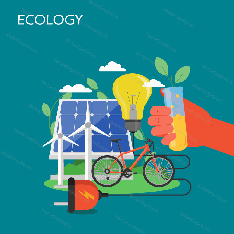 Vector flat style design illustration of wind turbines, solar panels, light bulb, plug, eco transport bicycle, hand holding vial with green sprout. Ecology concept for web banner, website page etc.