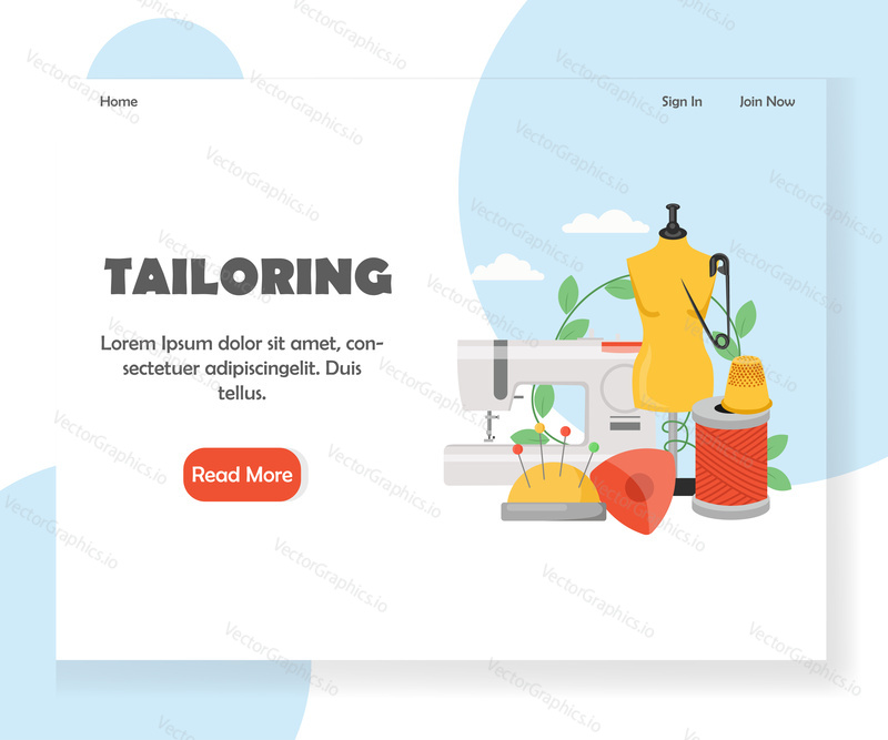 Tailoring vector website template, web page and landing page design for website and mobile site development. Sewing machine, dummy, crayon, pins, pincushion, thread, thimble. Sewing services concept.
