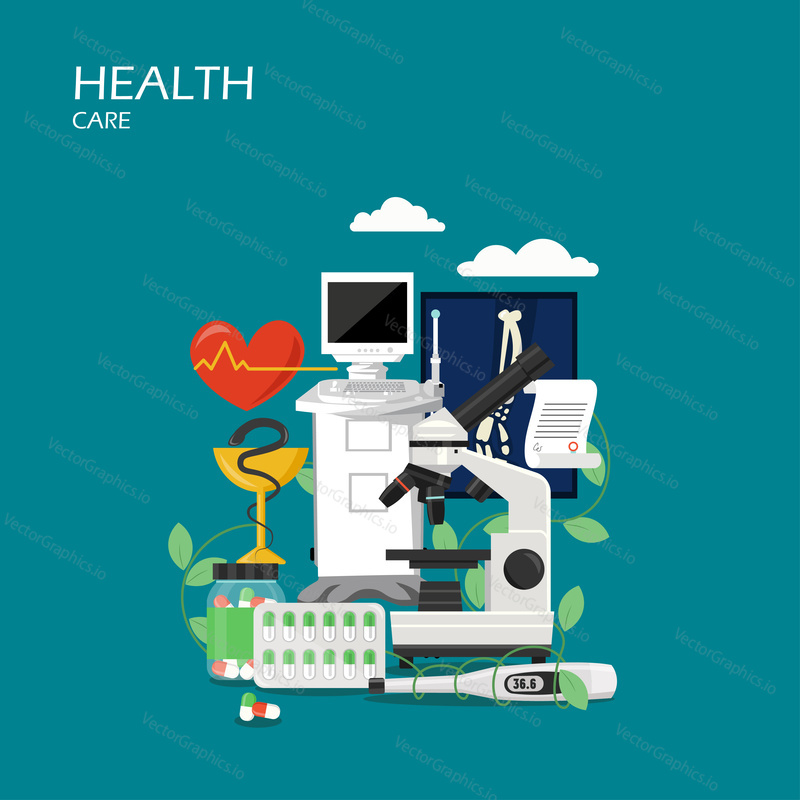 Health care vector flat style design illustration. Microscope, pills, thermometer, x-ray. Hospital equipment and medicine for web banner, website page etc.