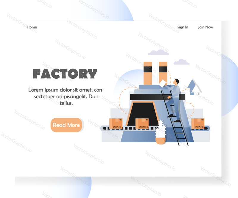 Factory landing page template. Vector illustration of industrial enterprise conveyor belt with cardboard boxes, statistics bar graph. Packaging factory concept for website and mobile site development.