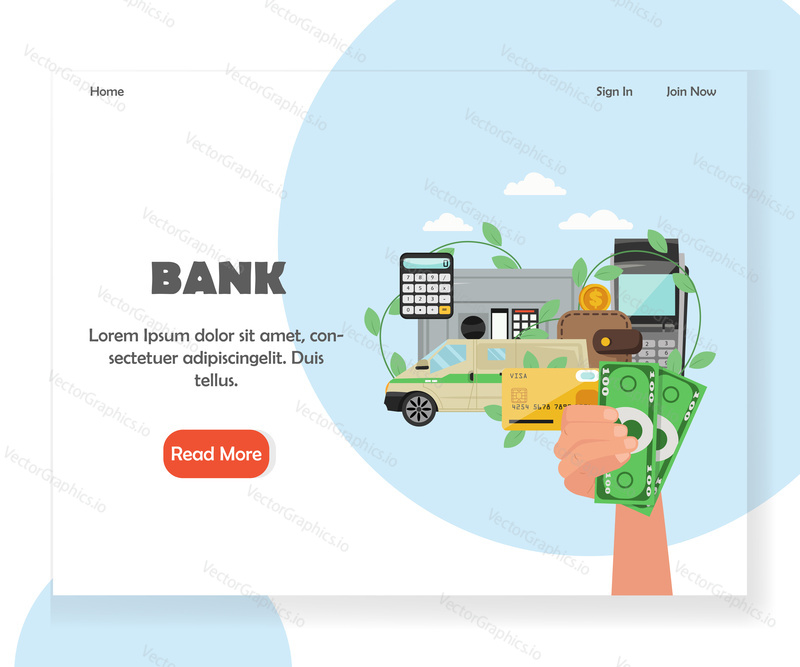 Bank vector website template, web page and landing page design for website and mobile site development. Hand holding money, safe deposit box, plastic card, calculator etc. Reliable bank concept.