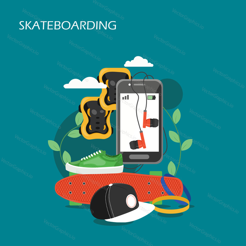 Skateboarding vector flat style design illustration. Skateboard, cap, sneaker shoe, smartphone, earphones. Skateboarding equipment and accessories for web banner, website page etc.