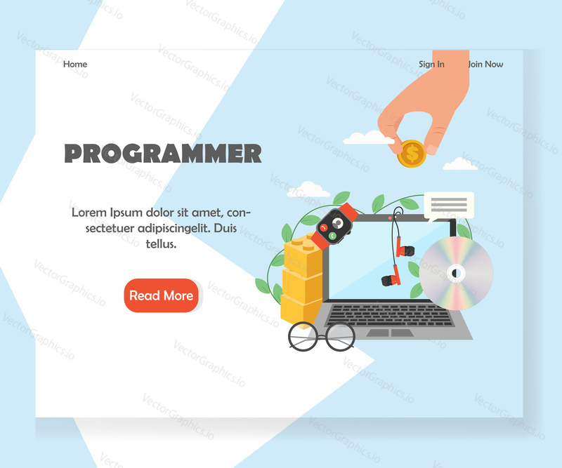 Programmer landing page template. Vector flat style design concept for software developer website and mobile site development. Laptop, earphones, smartwatch, compact disc, hand holding dollar coin.