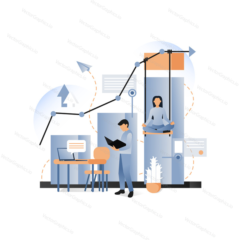 Vector illustration of bar graph and office people young girl meditating in lotus position and man holding folder. Business concept for web banner, website page, presentation.