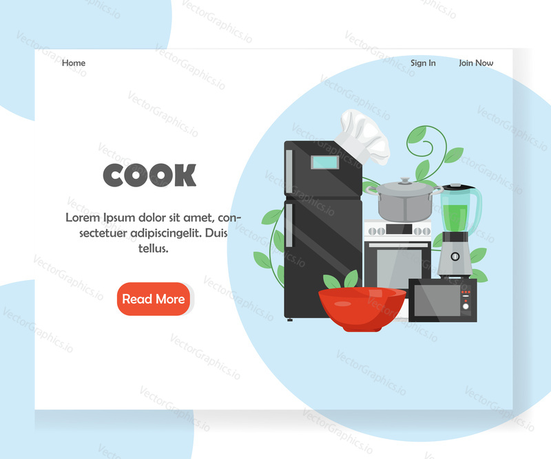 Cook landing page template. Vector flat style design concept for website and mobile site development. Kitchen utensils and household appliances.