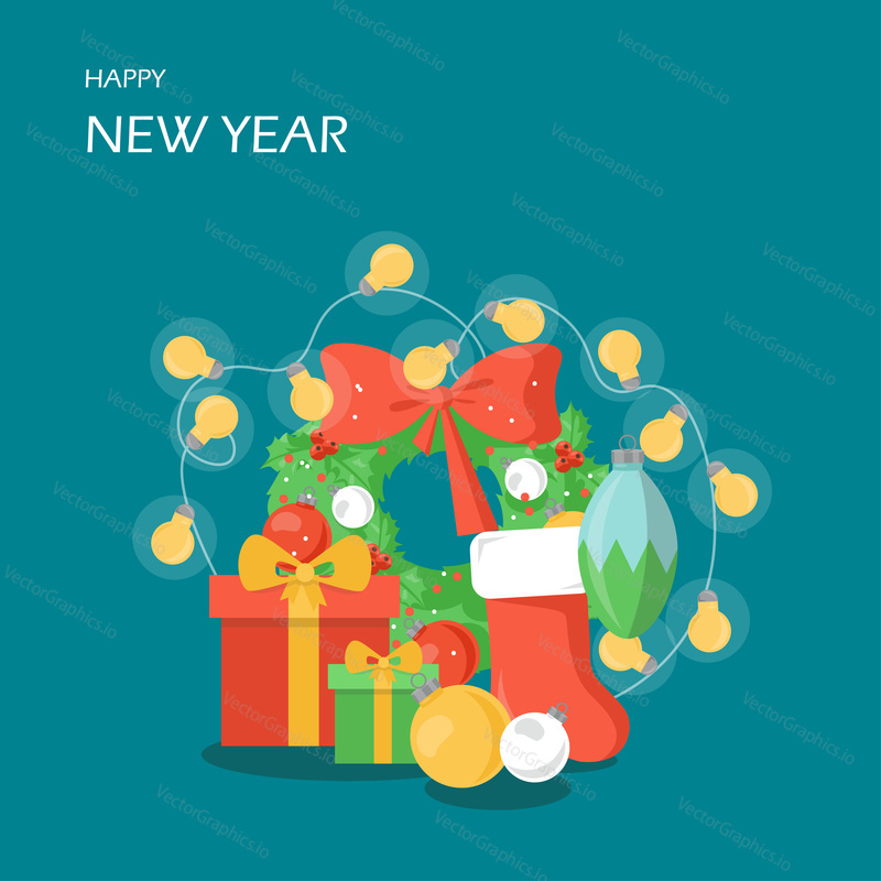Happy New Year vector flat style design illustration. Gift boxes, christmas wreath, balls, stocking and garland xmas tree lights. Christmas composition for greeting card, web banner, website page etc.