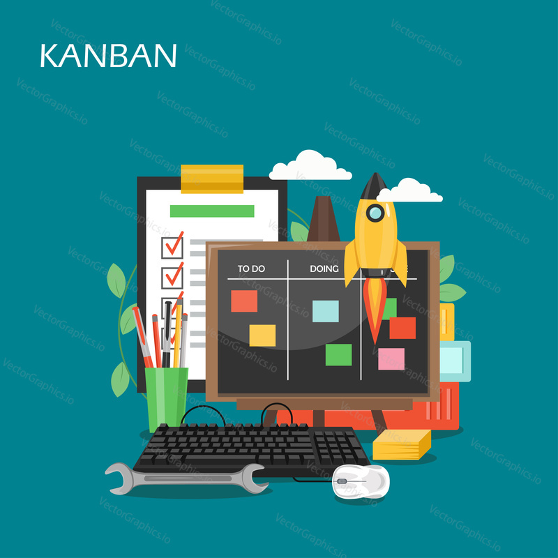 Kanban vector flat illustration. Kanban cards on whiteboard, rocket, clipboard with checklist. Agile methodology for startup business, visual process management concepts for web banner, website page.