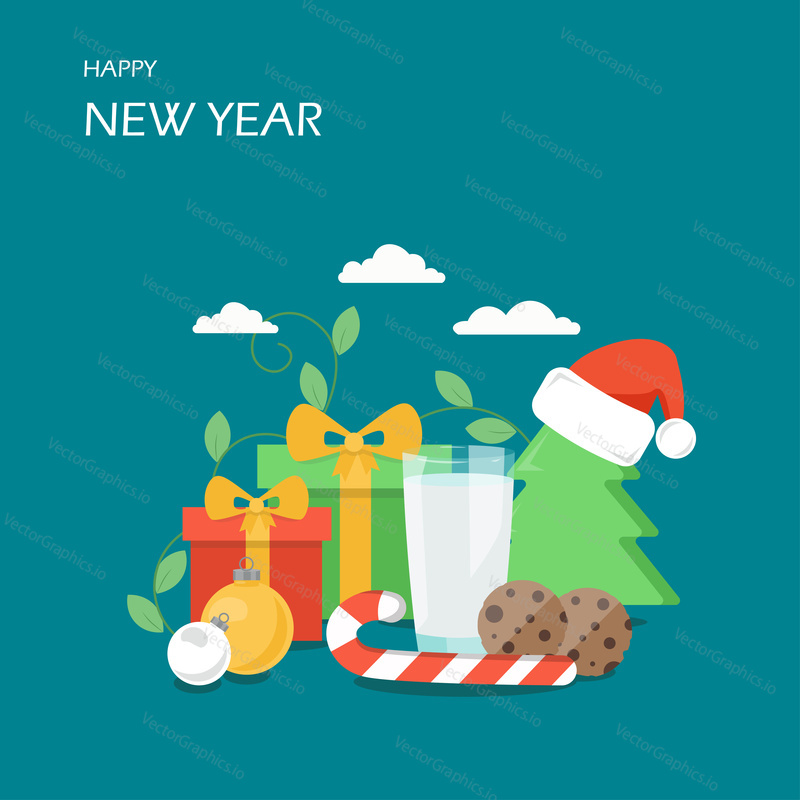 Happy New Year vector flat style design illustration. Santa hat, gift boxes, glass of milk with cookies, candy cane, christmas tree, balls. Winter holidays composition for web banner, website page etc