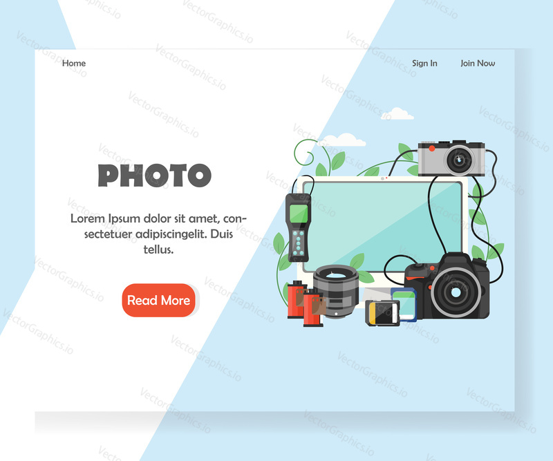 Photography landing page template. Vector flat style design concept for photographer website and mobile site development. Computer, camera, digital camera, photographic films, memory cards.