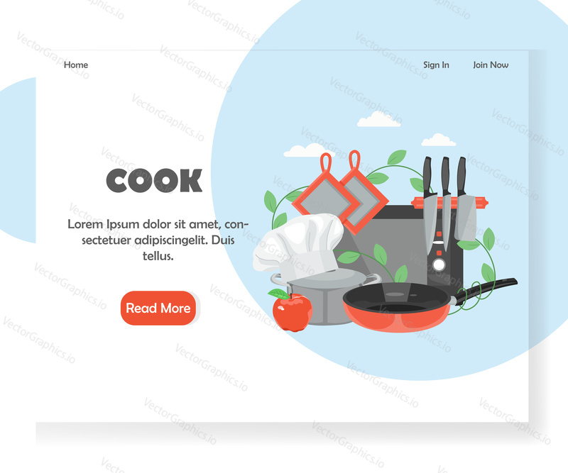 Cook landing page template. Vector flat style design concept for website and mobile site development. Chef hat, potholders and cookware frying pan, pot, kitchen knives, oven and potholders.