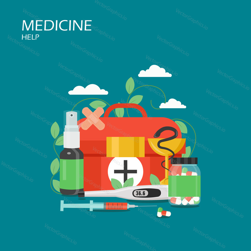 Medicine help vector flat illustration. First aid kit box, syringe with red injection, plasters, thermometer, pills bottle, spray bottle. Home medical care concept for web banner, website page etc.