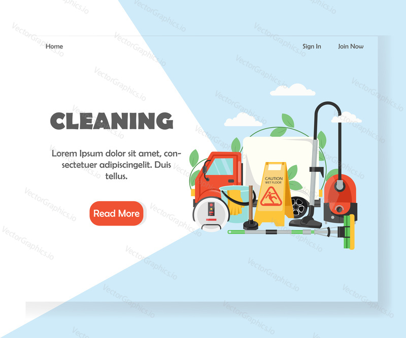 Очистка шаблона целевой страницы. Векторная концепция дизайна в плоском стиле для разработки веб-сайтов и мобильных сайтов для компаний, предоставляющих услуги по уборке дома. Оборудование для мытья полов.