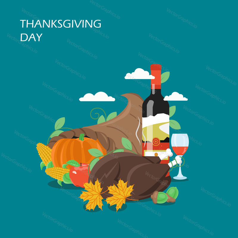 Векторная плоская иллюстрация Дня благодарения. Традиционная запеченная индейка, вино, кленовые листья, желуди, рог изобилия с тыквой, кукурузные початки, яблоко. Концепция Счастливого Дня благодарения для веб-баннера на странице веб-сайта