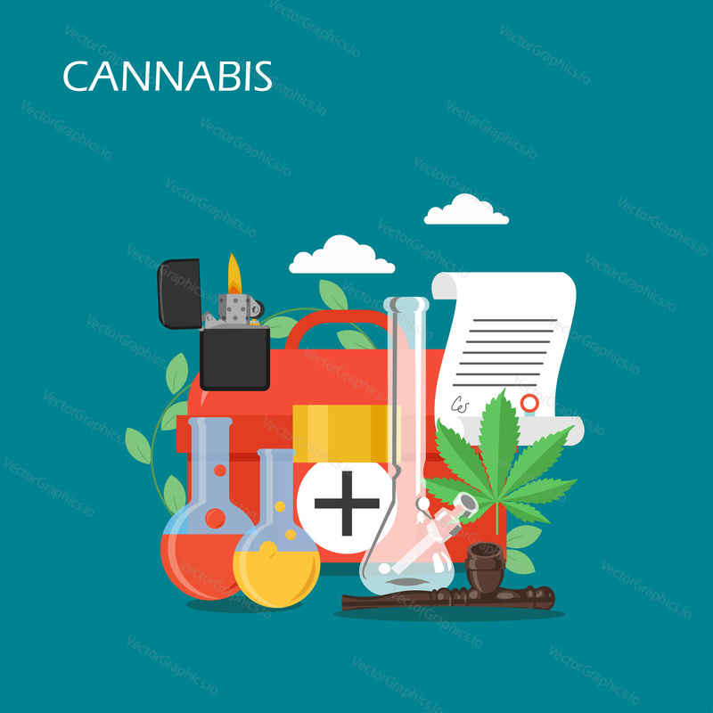 Cannabis vector flat style design illustration. First aid box, smoking equipment, prescription. Medical marijuana composition for web banner, website page etc.