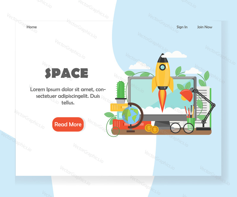 Space landing page template. Vector flat style design concept for space website and mobile site development. Flying rocket and computer, desk lamp, globe, stationery, folders on table.