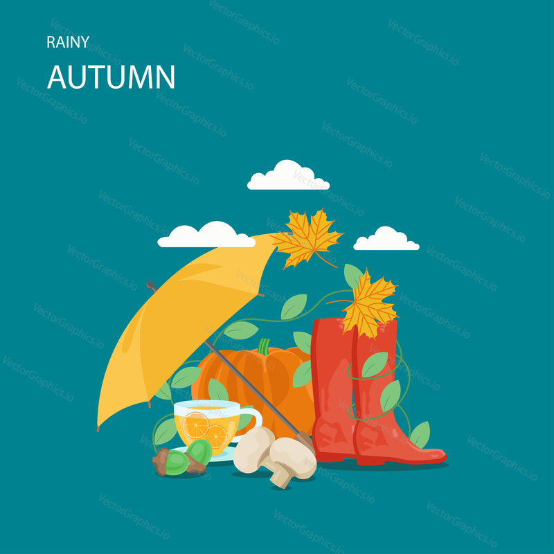 Rainy autumn vector flat style design illustration. Umbrella, rubber boots, clouds, pumpkin, acorns, mushrooms, leaves, cup of tea with lemon. Autumn composition for web banner, website page etc.