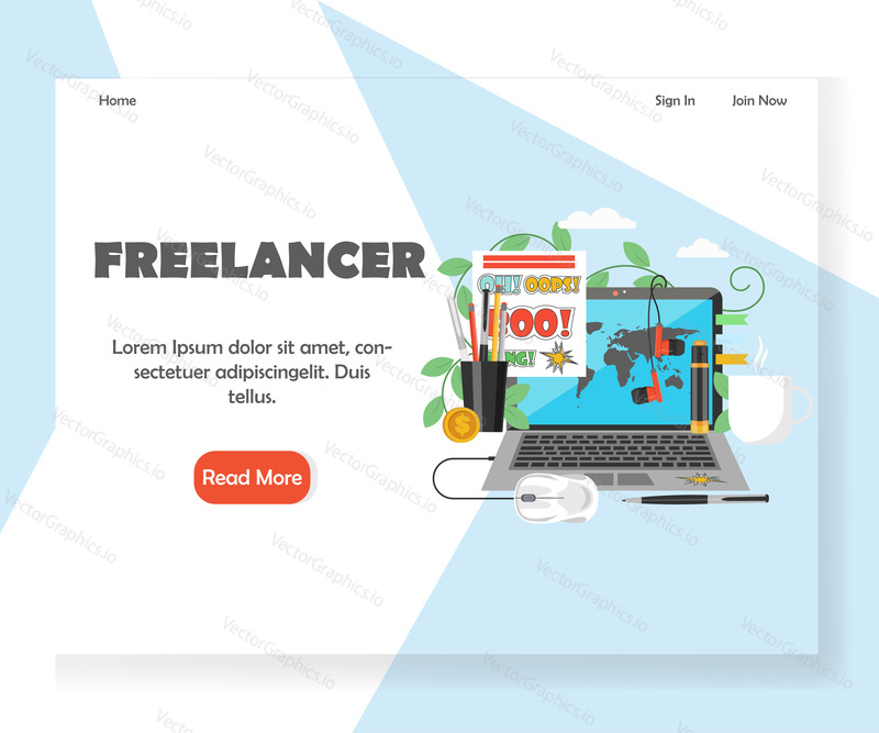 Freelancer landing page template. Vector flat style design concept for freelance website and mobile site development. Laptop, mouse, earphones, cup of tea, stationery. Freelance service concept.