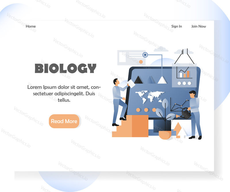 Biology landing page template. Vector illustration of biologists using modern technologies while working at scientific laboratory. Biological experiment concept for website and mobile site development