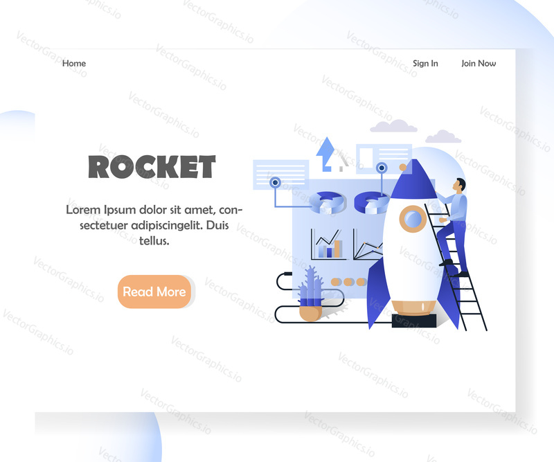 Rocket landing page template. Vector illustration of futuristic user interface hud, businessman climbing rocket ladder. Business startup, future technology concept for website, mobile site development