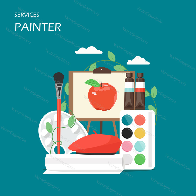 Painter artist services vector flat style design illustration. Paintbrush, palette, easel, canvas, paint tubes, watercolors, beret. Painting tools and accessories concept for web banner, website page.