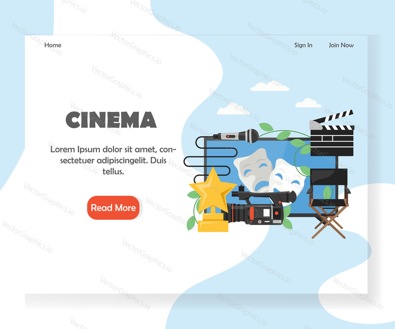 Шаблон целевой страницы кинотеатра. Векторная концепция дизайна в плоском стиле для разработки веб-сайтов и мобильных сайтов для кинематографистов. Киноиндустрия, производство видео или фильмов, создание фильмов, кинематография.