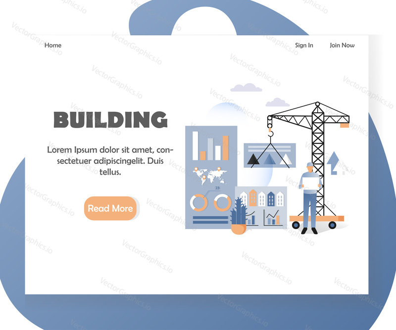 House building landing page template. Vector illustration of tower crane building business activity monitoring dashboard. Construction business concept for website and mobile site development.