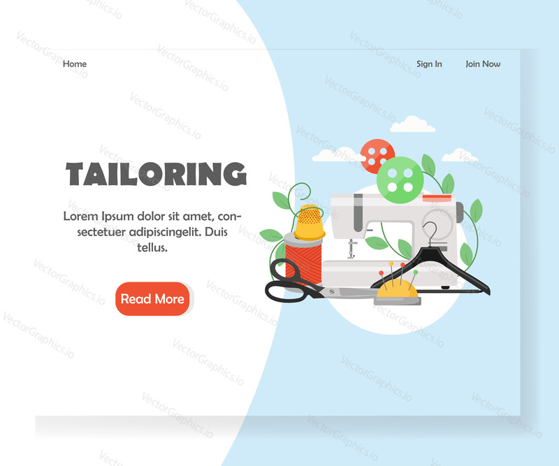 Tailoring vector website template, web page and landing page design for website and mobile site development. Sewing machine, scissors, buttons, hanger, pins, pincushion, thread.