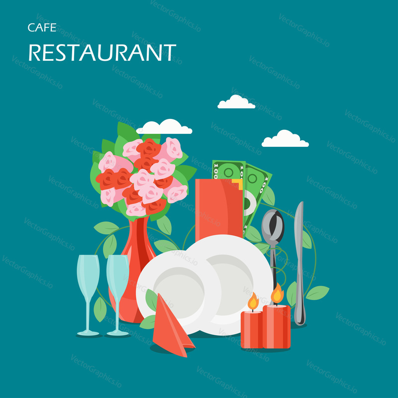 Restaurant services vector flat style design illustration. Tableware, candles, wineglasses, table napkin, bouquet of flowers. Cafe canteen catering services concept for web banner, website page etc.