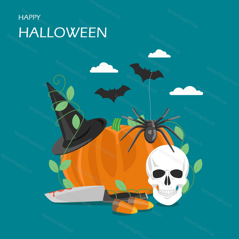 Happy Halloween vector flat illustration. Black spider, pumpkin, human skull, knife, bats, candy corns and witch hat. Halloween party concept for invitation card, poster, web banner, website page etc.
