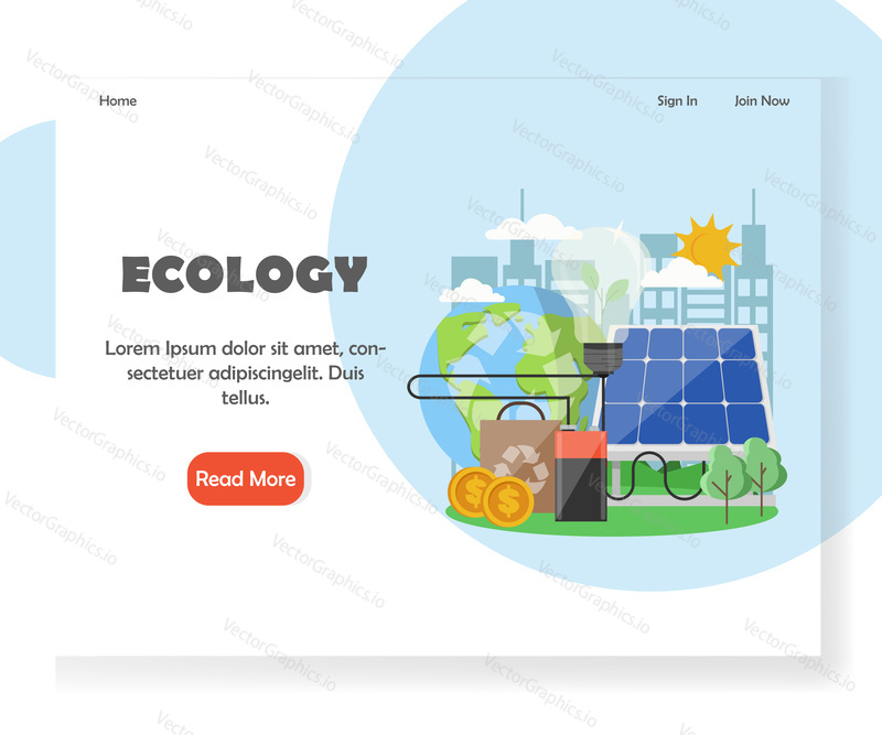 Ecology landing page template. Vector flat style design concept for green environmental website and mobile site development. Planet Earth with recycle symbol, light bulb connected to solar panel etc.