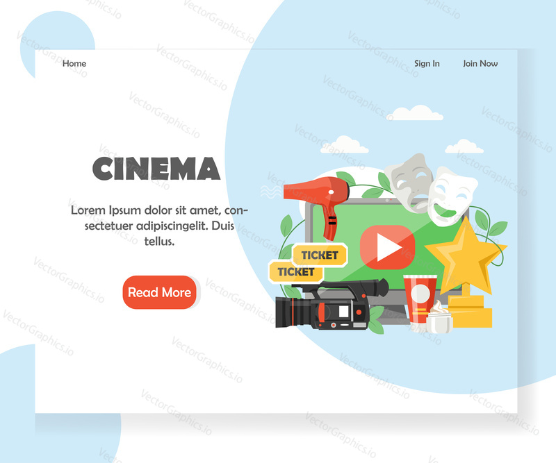 Шаблон целевой страницы кинотеатра. Векторная концепция дизайна в плоском стиле для веб-сайта потоковой передачи фильмов и разработки мобильных сайтов. Фильмы и телепередачи онлайн.