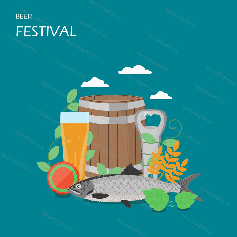 Beer festival vector flat illustration. Barrel and mug of beer, wheat ears, hops, salted dried fish, bottle cap and opener. Oktoberfest celebration concept for web banner, website page etc.