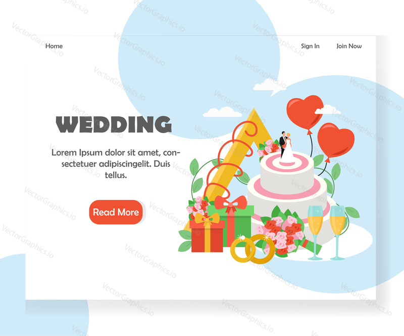 Wedding agency landing page template. Vector flat style design concept for wedding planner website and mobile site development. Cake, rings, balloons, gift boxes, bouquet of flowers, champagne.