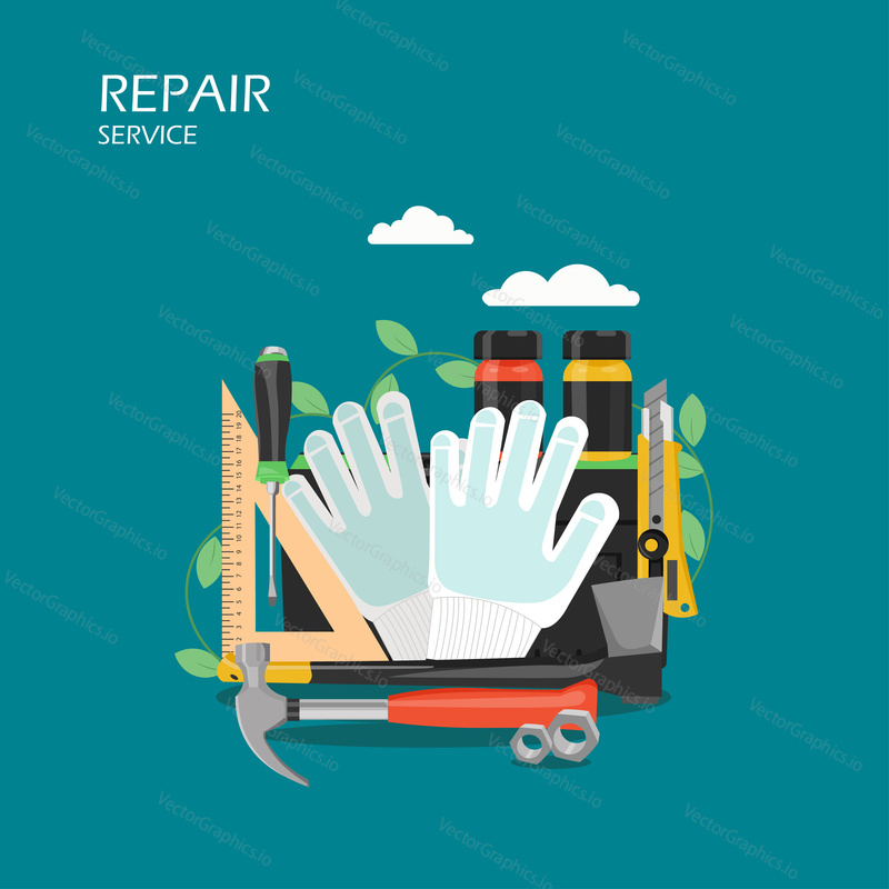 Repair service vector flat style design illustration. Hammer, axe, screwdriver, paint jars, ruler, gloves, knife. Home repair hand tool kit for web banner, website page etc.