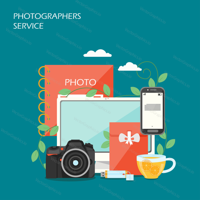 Photographers service vector flat style design illustration. Computer, camera, smartphone, photo album, flash drive. Professional photography concept for web banner, website page etc.