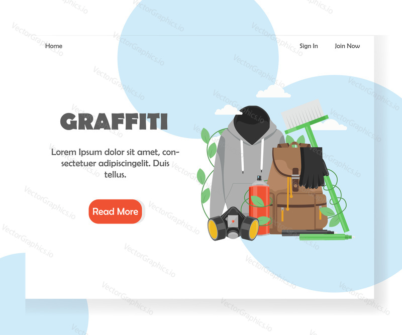 Векторный шаблон веб-сайта с граффити, дизайн веб-страницы и целевой страницы для разработки веб-сайтов и мобильных сайтов. Концепция инструментов и аксессуаров для уличного искусства.