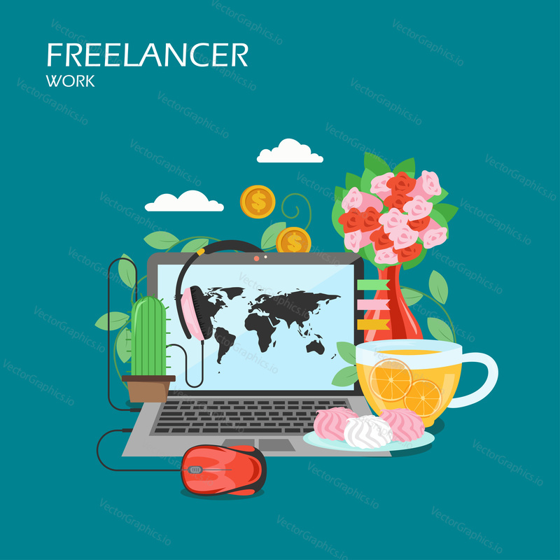 Freelancer work vector flat illustration. Laptop, mouse, headphones, dollar coins, cactus, cup of tea with lemon, marshmallow and vase with flowers. Remote work, home workplace with modern equipment.