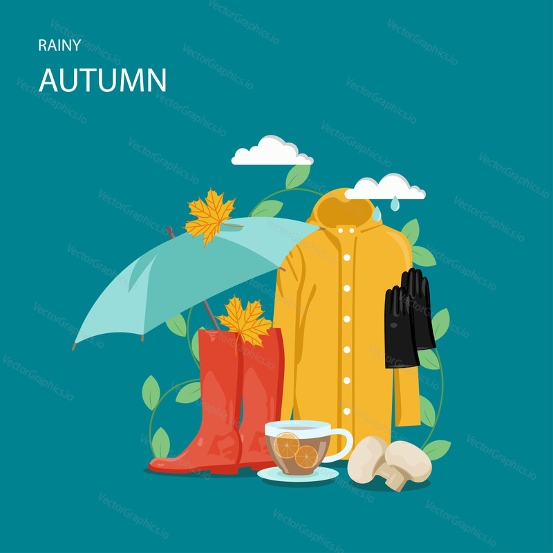 Rainy autumn vector flat style design illustration. Umbrella, raincoat, rubber boots, gloves, clouds, mushrooms, leaves and cup of tea with lemon. Autumn composition for web banner, website page etc.