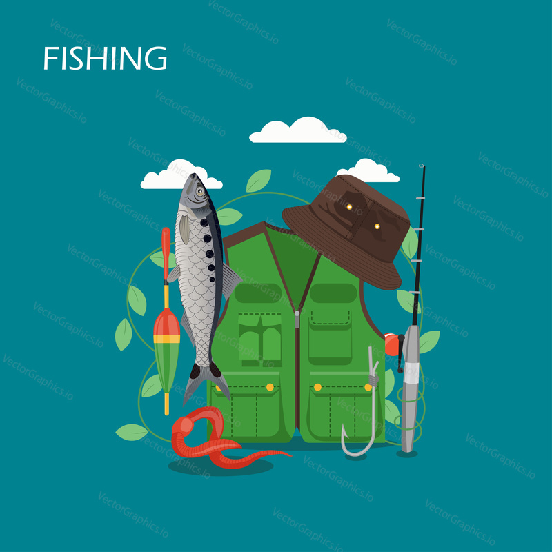 Fishing vector flat style design illustration. Fisher vest and hat, fishing rod, bobber, fish and bait worm. Fisherman clothing and fishing gear composition for web banner, website page etc.