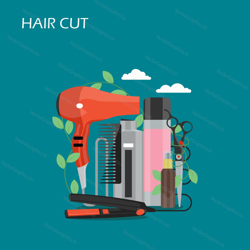 Hair cut vector flat style design illustration. Comb, hairdryer, scissors, shampoo, curling iron. Hair salon services concept for web banner, website page etc.