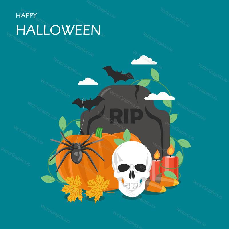 Happy Halloween vector flat illustration. Pumpkin, gravestone, skull, bats, candles, candy corns, maple leaves, black spider. Halloween party concept for invitation card poster web banner website page
