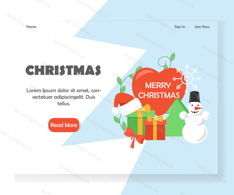 Merry Christmas vector website template, web page and landing page design for website and mobile site development. Santa hat, gift boxes, cute snowman, snowflake, christmas tree and big red heart.